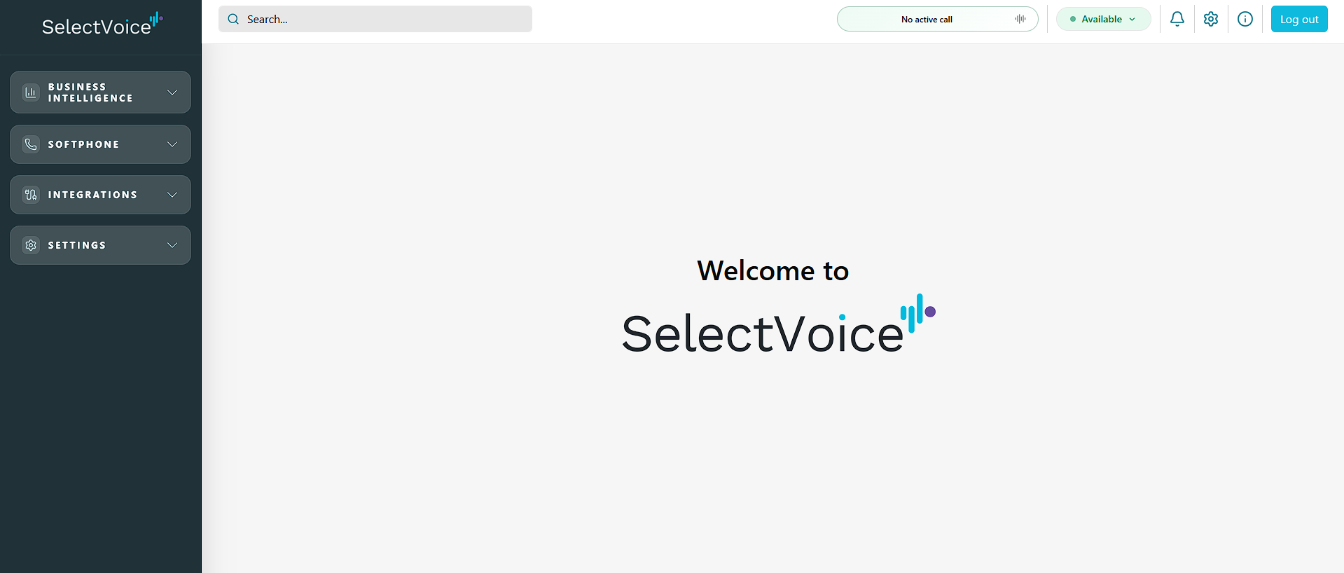 The SelectVoice web portal welcome screen with business intelligence, softphone, integrations and settings in the sidebar